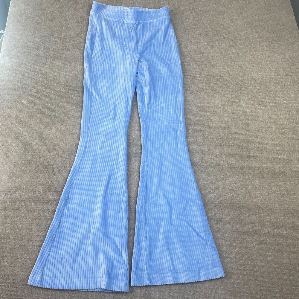 Aerie Pants Womens Small Blue Velour High Rise Ribbed Bell Bottom Flared Leg